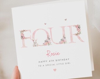 Personalised 4th Birthday Card, Fourth 4th Birthday Card For Daughter, Rabbit Granddaughter Goddaughter Niece Birthday Card, Little Girl