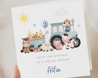 Personalised Farm Animals 2nd Birthday Card, Second Birthday Card For Son, Blue Tractor Card Grandson Godson Nephew Boy, Farmyard Animals