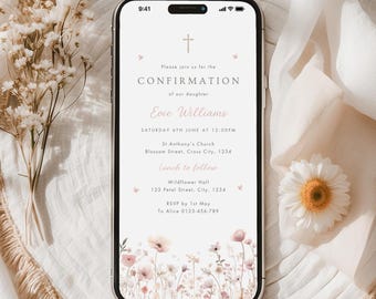 Digital Confirmation Invitation Template, Electronic Confirmation Invite, Smartphone Editable Pink Wildflower Confirmation Invite Girl