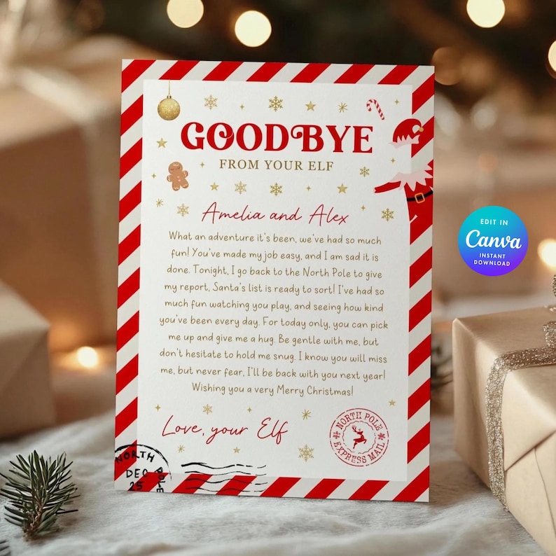 May include: A Christmas-themed letter with a red and white striped border. The letter includes the text "Goodbye From Your Elf" and is addressed to "Amelia and Alex." The letter is decorated with festive graphics and a "North Pole Express Mail" stamp.