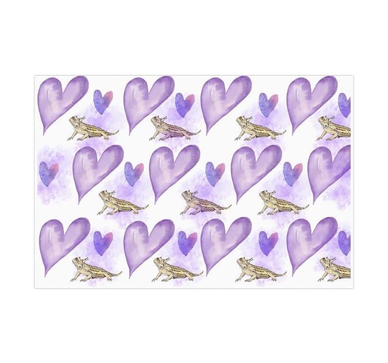 May include: A seamless pattern featuring purple watercolor hearts and cartoon bearded dragons. The hearts are outlined in a darker purple and have a watercolor effect. The bearded dragons are drawn in a cartoon style and are facing to the right. The background is white.