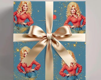 May include: A square gift box wrapped in blue paper featuring a repeating illustration of a woman in a red shirt and denim jeans. The box is tied with a wide, light gold satin ribbon and bow.