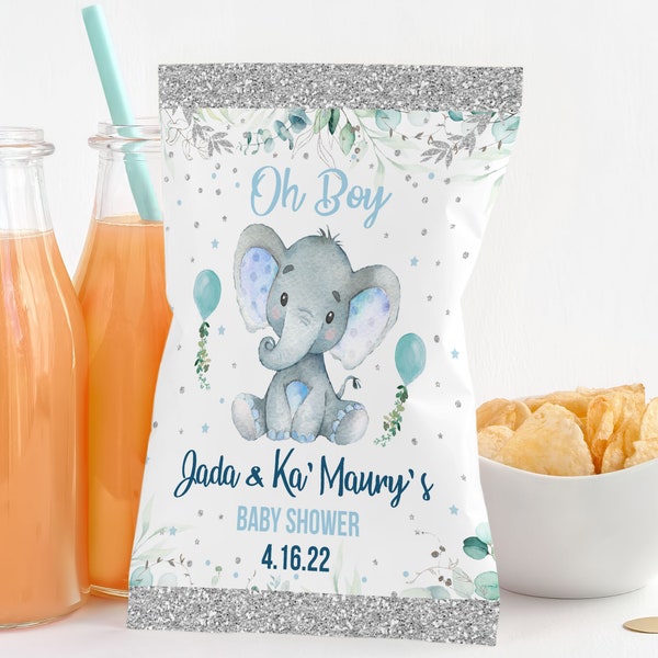 Baby shower blue elephant chip bag template - Editable Party template its a boy