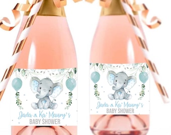 Mini etiquetas para botellas de champán Baby Shower - Plantilla editable Es un niño con elefante