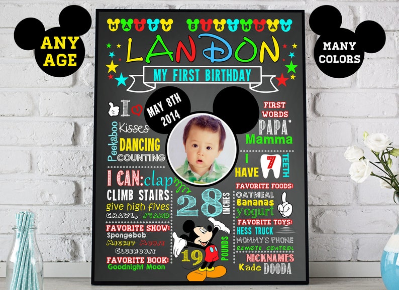 Printable Mickey Mouse First Birthday chalkboard sign ID8 1st bday party chalk board poster banner milestone boy girl stats photo