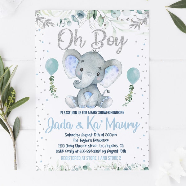 Boy Baby Shower invitation with Elephant - Editable Party invite template