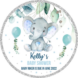 Baby Shower round sticker - Its a boy Elephant label editable template