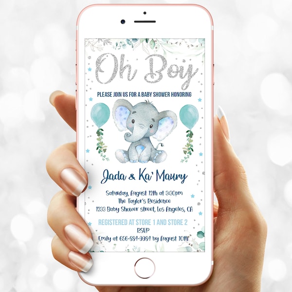 Digital Baby shower invitation for a boy - Elephant  e invite Oh Boy