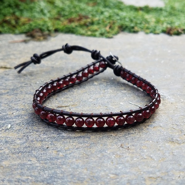 Garnet Beaded Single Wrap Bracelet / Anklet Leather Wrap - Dark Red Stone, stone jewelry, birth stone jewelry, chakra bracelet