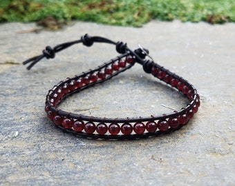 Garnet Beaded Leather Wrap Bracelet: Dark Red Stone Jewelry