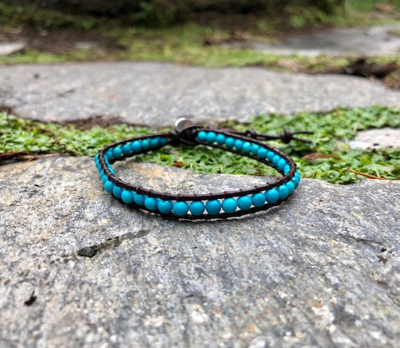Turquoise Beaded Leather Wrap Bracelet, Tree of Life Button  display picture 2