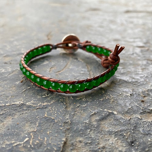 Green Jade Beaded Single Wrap Bracelet / Anklet Leather Wrap Etsy