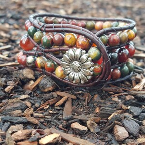 Bohemian Beaded Stone Leather 3 Row Cuff Wrap Braclet - Picasso Brown Red / Carnelian