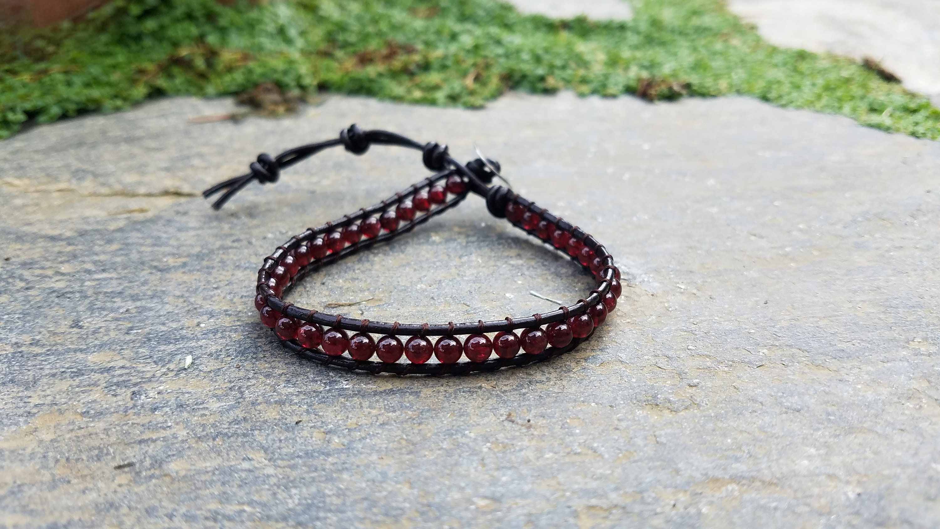 Garnet Beaded Single Wrap Bracelet / Anklet Leather Wrap - Dark Red S…