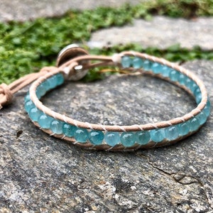 Aquamarine Beaded Single Wrap Bracelet / Anklet, Aqua Zodiac Leather Wrap - Fluidity and Soothing