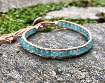 Aquamarine Beaded Single Wrap Bracelet / Anklet, Aqua Zodiac Leather Wrap - Fluidity and Soothing