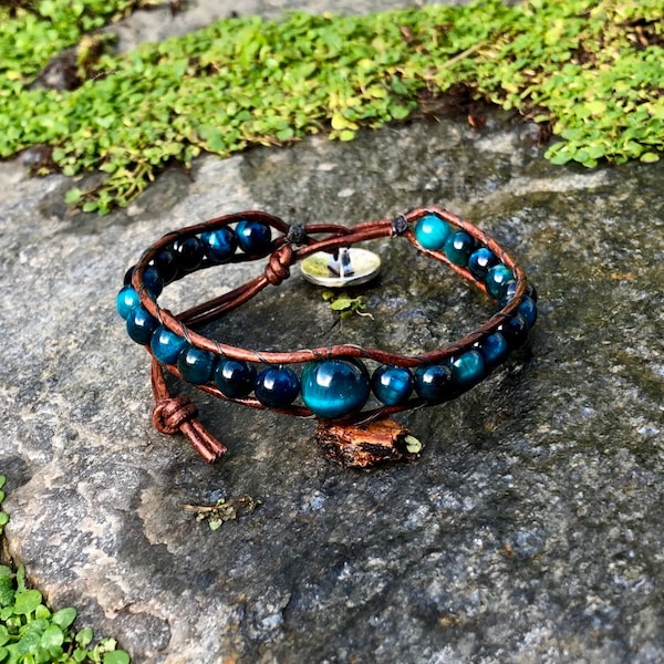 Blue Tigers Eye Warriors Stone, Chakra Beaded Single Wrap Bracelet / Anklet Leather Wrap - for Protection & Determination