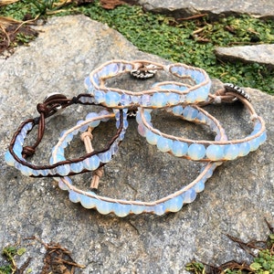 Opalite Moonstone Beaded Single Wrap Bracelet / Anklet, Agate Leather Wrap, chakra bracelet, stone bracelet - for love, health, & wellness