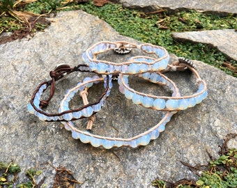 Opalite Moonstone Beaded Single Wrap Bracelet / Anklet, Agate Leather Wrap, chakra bracelet, stone bracelet - for love, health, & wellness