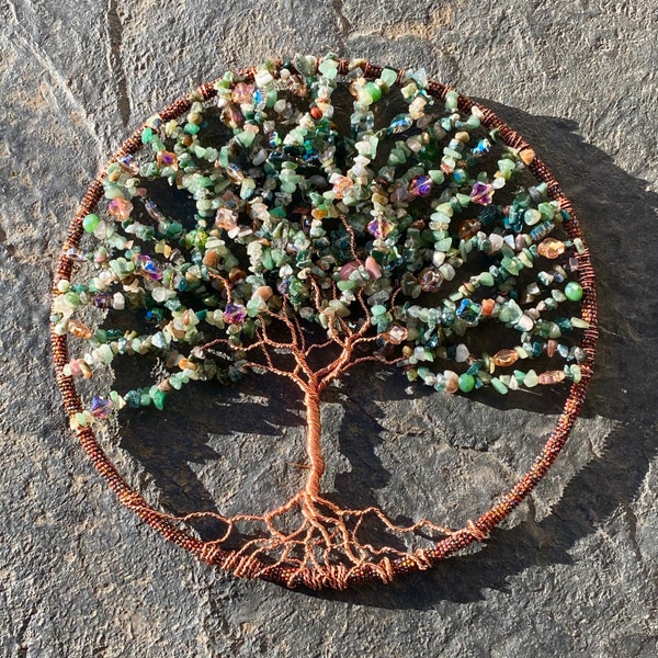 Large Giant Spring Tree Wire Wrapped, Moss Agate and Crystal Tree of Life Stone Wall Hanging, Green, Pink, and Purple Sun Catcher