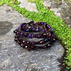 Amethyst Wavy Beaded Triple Wrap Bracelet, Swarovski Crystal Chakra Leather Wrap - for Spiritual Inituition, Mental Clarity, & Focus