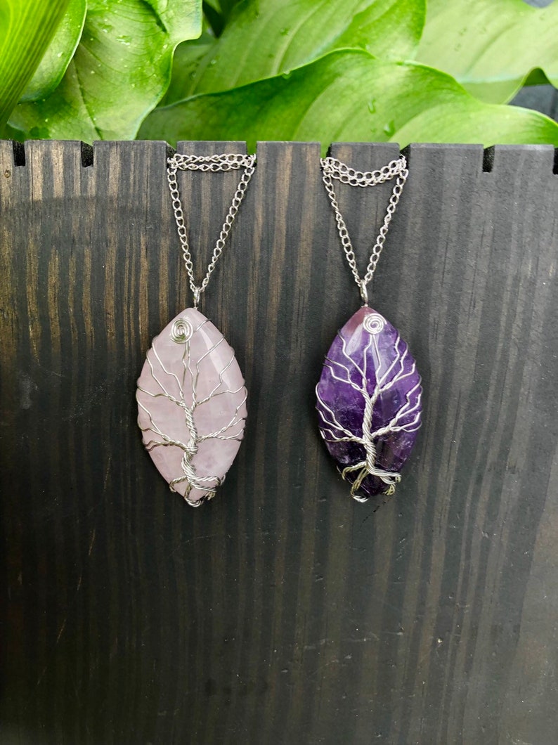 /& Forgiveness Silver Rose Quartz Amethyst Necklaces Tree of Life rose quartz SET OF TWO For Love Wire Wrapped Beauty