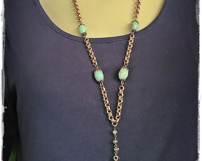 SALE!  EXQUISITE HANDMADE Gemstone & Copper Necklace - Artisan Beaded Chain, Handmade Wearable Art, Long Layering Gypsy/Hippie Necklace