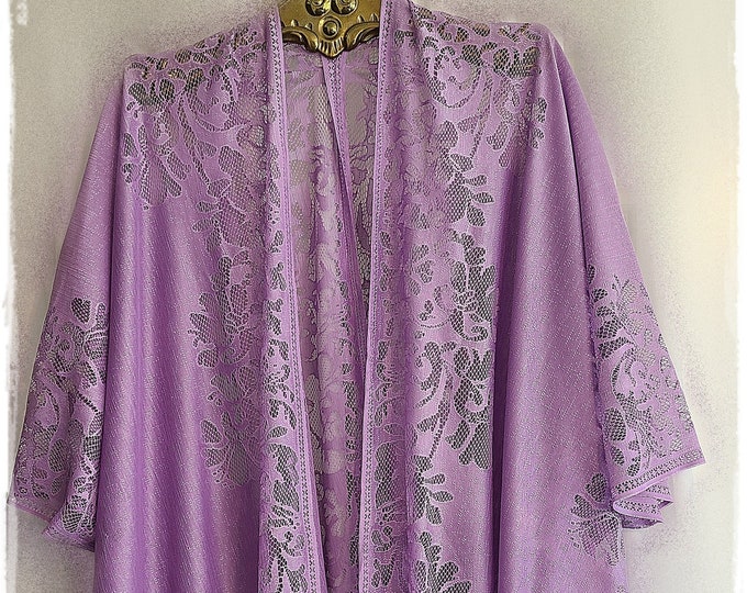 LAVENDER LACE Boho Kimono - Fringed Sheer Robe, Hippie-Chic Festival Haori, Sexy Lingerie, Gypsy Chic Lace Coverup Duster [K2224]