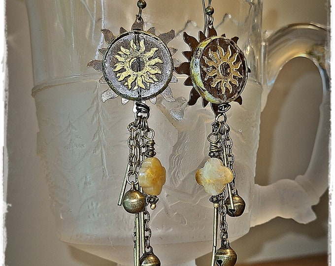 SUN GODDESS Czech Glass Earrings - "Hermosa Beach Collection/Surf Jewelry" - Czech Glass Sun Coin Bead & Gemstone Boho Summertime Earrings