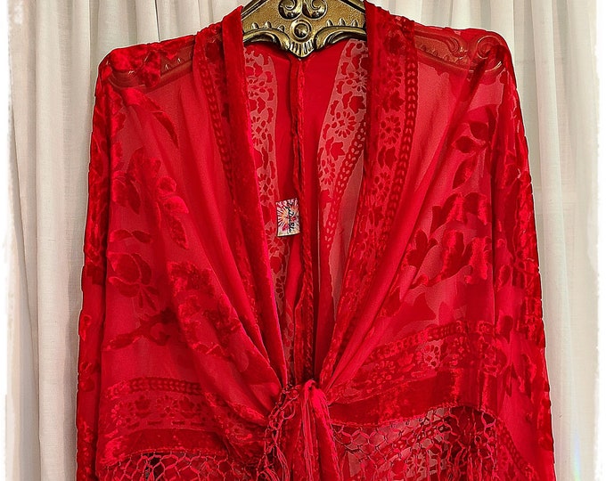 XL HIPPIE CHIC Scarlet Red Piano-Scarf Shawl - Fringed Boho Cloak, Burnout Velvet Gypsy-Chic Party Cape, Hippie Festival Wrap [SH2568]