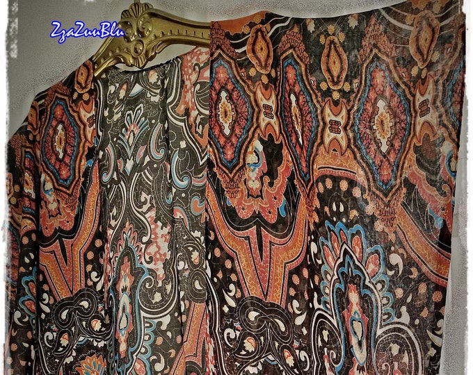 GAUZY COTTON Abstract Kimono - Long Flowing Hippie-Chic Haori, Pretty Boho Ruana, Soft Summer/Fall Coverup, Gypsy Soul Robe  [K2340]