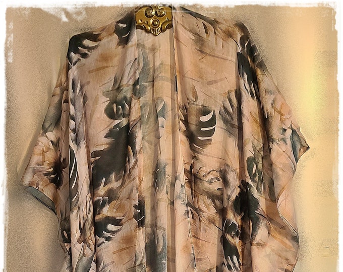 Long GAUZY TROPICAL Kimono Duster -  XL Hippie-Chic Haori, Pretty Boho Ruana with Monstera Leaves, Beach Coverup, Gypsy Robe  [K2243]