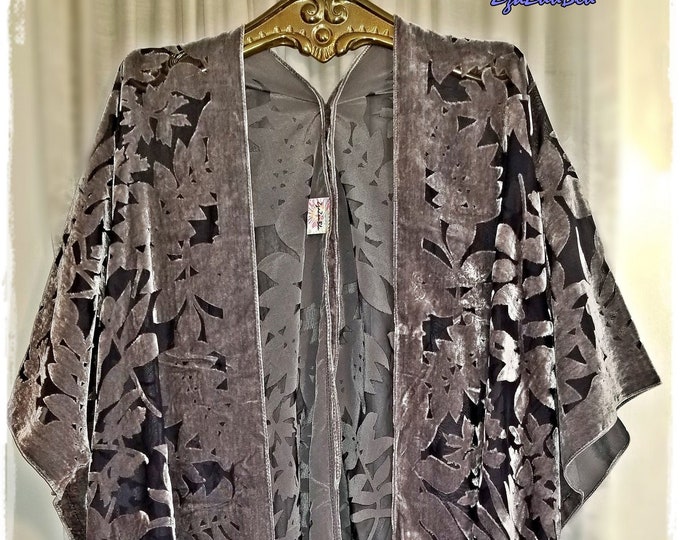SILVER-GRAY & BLACK "Fern" Kimono - Burnout Velvet Boho Kimono, Fringed HippieChic Haori, Gypsy Devore Ruana, Bohemian Festival Wrap [K2416]