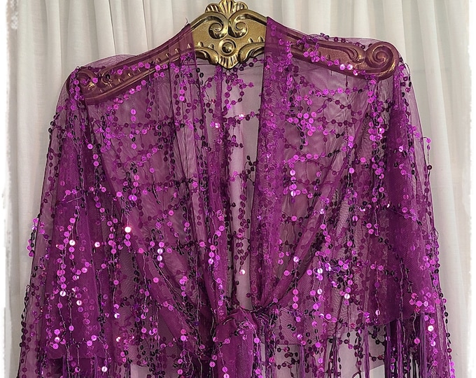SHEER SEQUIN TASSELS Shawl - Sparkling Hippie Cloak, Bling-Fringed Gypsy Festival Wrap, Shabby Mesh Lace Party Cape  [SH2622]