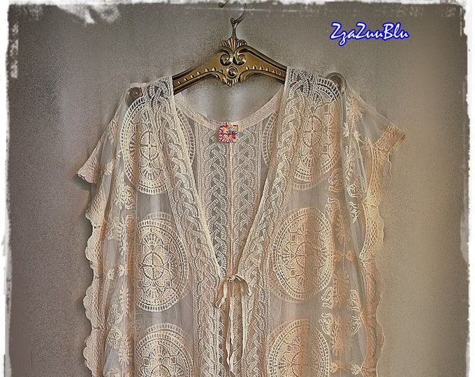 IVORY LACE DUSTER - Long Lacey Sheer Robe, Hippie-Chic Festival Floral Haori, Sexy Lingerie, Gypsy Chic Coverup Kimono Jacket  [K2349]
