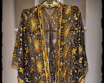 ¡KIMONO CELESTIAL DESLUMBRANTE! Bata hippie súper brillante, chal gitano para festivales con bordados brillantes, capa de fiesta con purpurina [K26143]