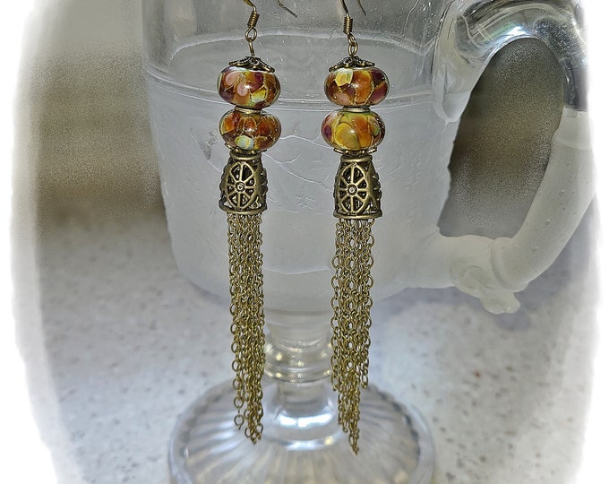 HANDMADE LAMPWORK & Brass Chain Earrings - Artisan Made Beads, Wearable Hippie Art, Festival Jewelry, Gypsy Ear Art, Brass Tassel Earrings