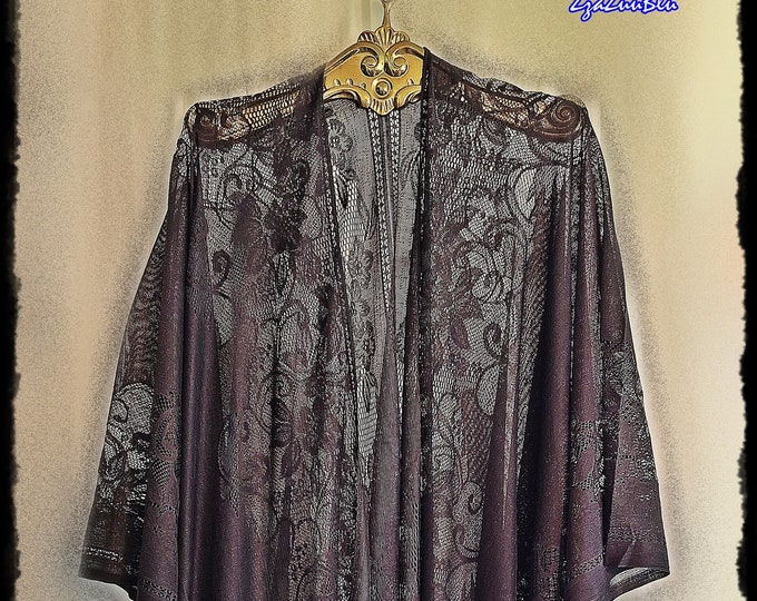 BLACK LACE BOHO Kimono - Fringed Sheer Robe, Hippie-Chic Festival Haori, Sexy Lingerie, Gypsy Chic Lace Coverup Duster [K2348]