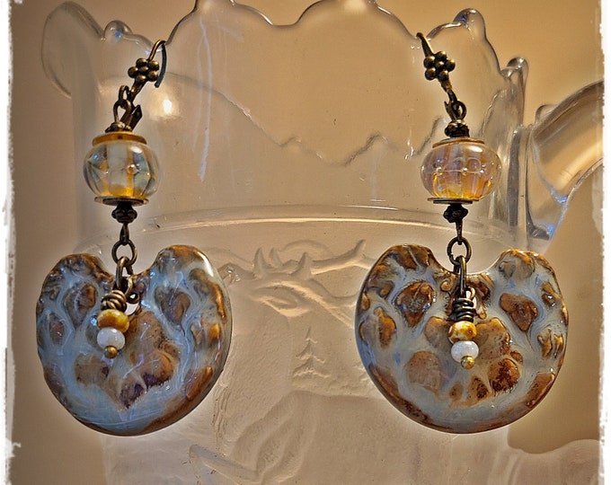 TOPANGA CANYON COLLECTION c.1969 - Trippy Hippie-Chic Dangle Porcelain Earrings, Boho Earrings, Lampwork Glass and Gemstone Beads - TCC43