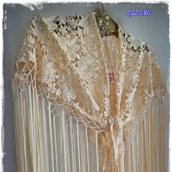 OUTRAGEOUSLY COOL Lace Shawl - Extra Long Fringe, Party Festival Cloak, Stevie Nicks Cape, Hippie-Chic Fado Event Wrap [SH23-311]