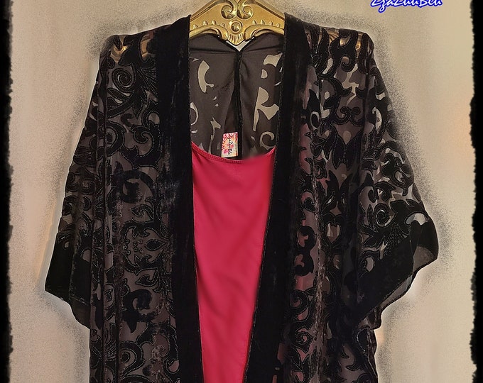 BLACK-ON-BLACK Velvet Kimono - Gypsy-Chic Devore Party Cloak, Hippie-Chic Boho Fringe Kimono, Festival Kimono [K2319]