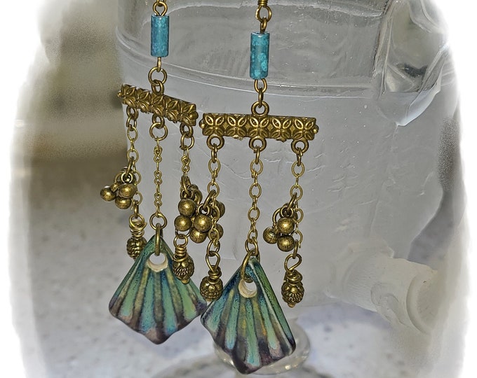 EXOTIC GYPSY BRASS & Porcelain Chandelier Earrings - Artisan Statement Dangles, Bohemian Ear Art, Aged Brass Hippie Earrings