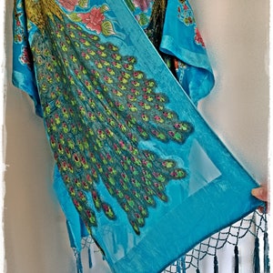 STUNNING BEADED PEACOCK Kimono -Turquoise Burnout Velvet, Hippie Haori, Sparkly Boho Festival Topper, GypsyChic Party Devore Jacket [K2645]