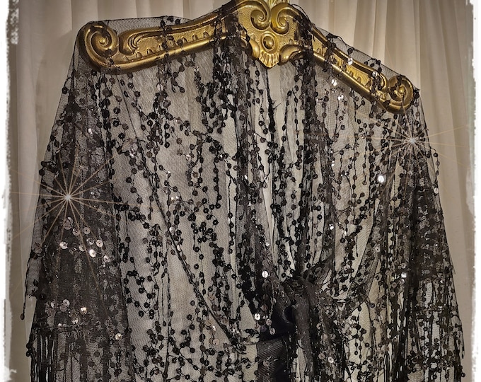 SHEER SEQUINED TASSEL Boho Shawl - Sparkling Hippie Cloak, Black-on-Black-Bling, Fringed Gypsy Festival Wrap, Lace-Mesh Party Cape  [SH2608]