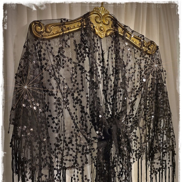 SHEER SEQUINED TASSEL Boho Shawl - Sparkling Hippie Cloak, Black-on-Black BlingFringed Gypsy Festival Wrap, Lace-Mesh Party Cape  [SH23-308]
