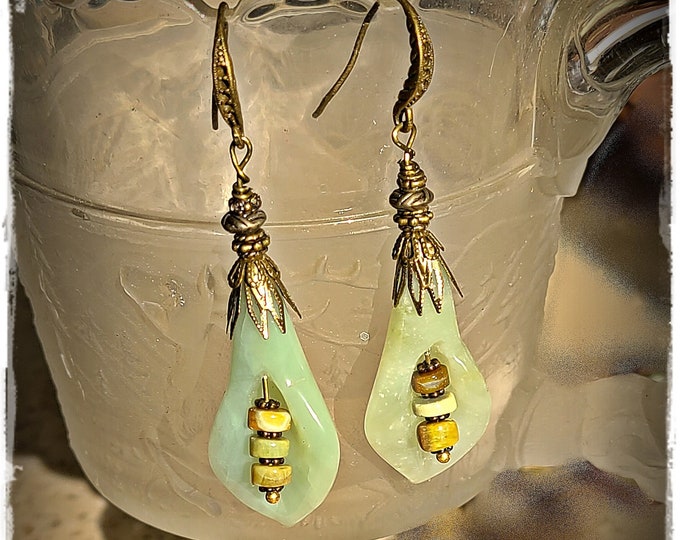 POLISHED GEMSTONE DROP Earrings - Premium Green Aventurine and Opal Beads, Bohemian Dangles, Gypsy Ear Art, Long Flower Hippie Earrings