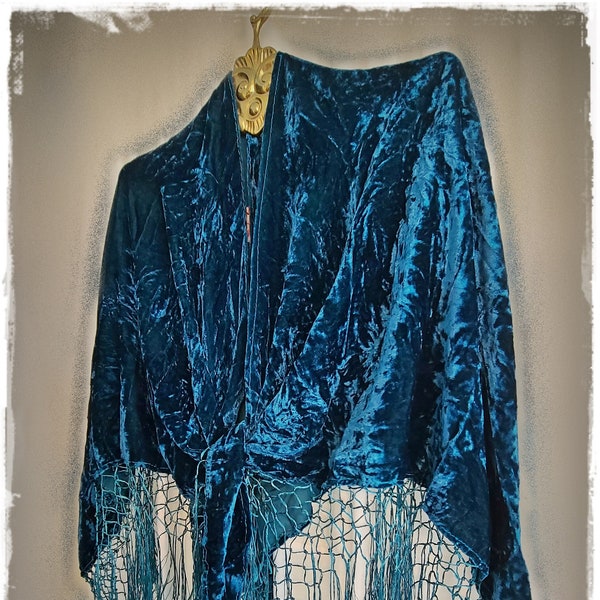 BOLD TEAL CRUSHED Velvet Shawl - Omzoomd Gypsy Style Stevie Nicks Cape, Hippie-Chic Festival Boho Party Mantel [SH2363]