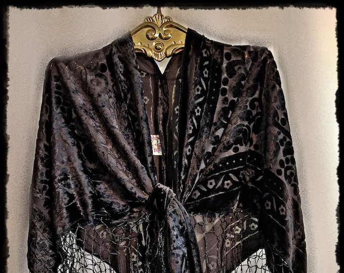 GYPSY-CHIC BLACK Velvet Shawl -Burnout Velvet Cape, Sexy Floral Piano Scarf Fringed Cloak, Stevie Nicks Style Shawl, Boho Wrap [SH2563]