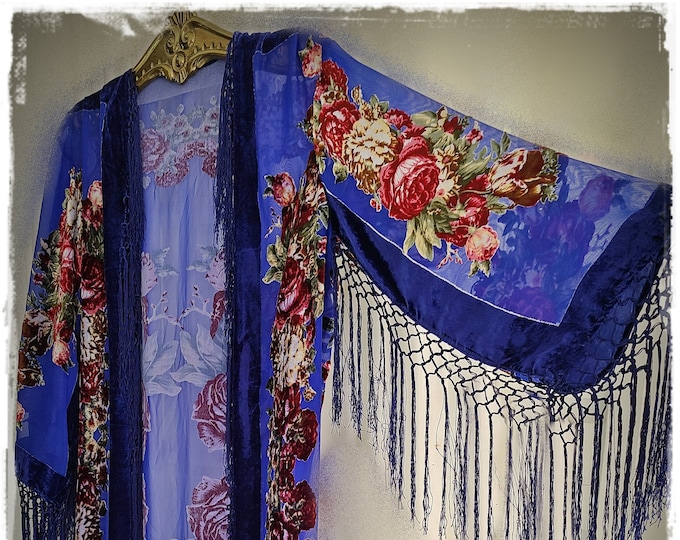 LONG FLORAL Burnout Velvet DUSTER - Kimono Jacket, Festival Outwear Robe, Silky Fringe Hippie-Chic Haori, Gypsy Devore Opera Coat [KJ2401]