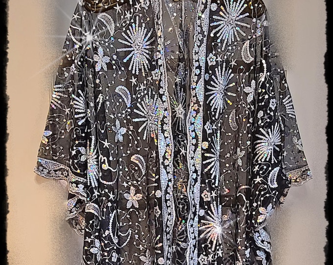 DAZZLING CELESTIAL KIMONO!  Super Bling Sparkling Hippie Cloak, Brilliant Embroidered Gypsy Festival Wrap, Glittery Party Coat [K2620]